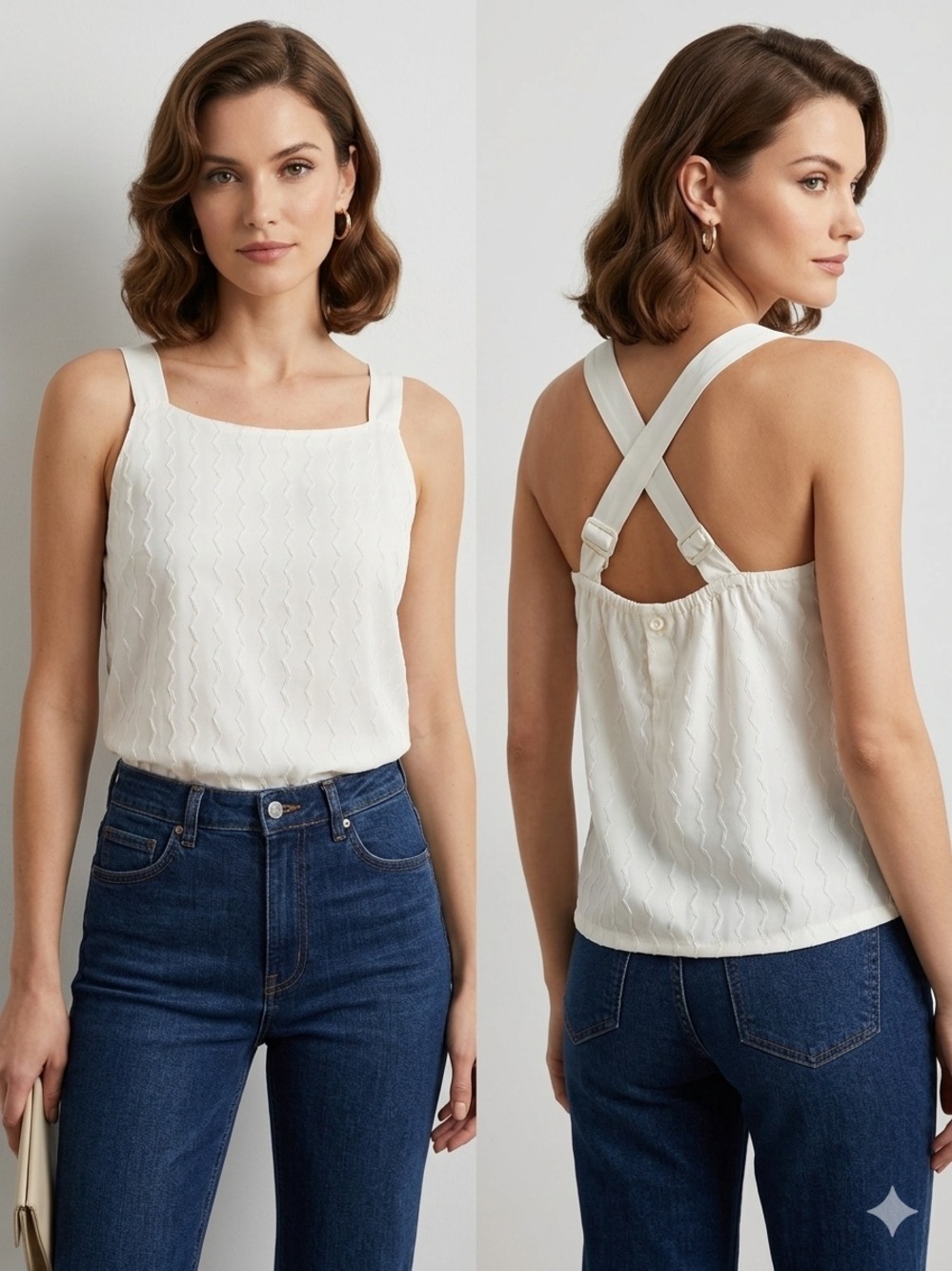Vintage 70s Jolene Fashions Chevron Textured Cross-Back Camisole Top Cream Sz 14